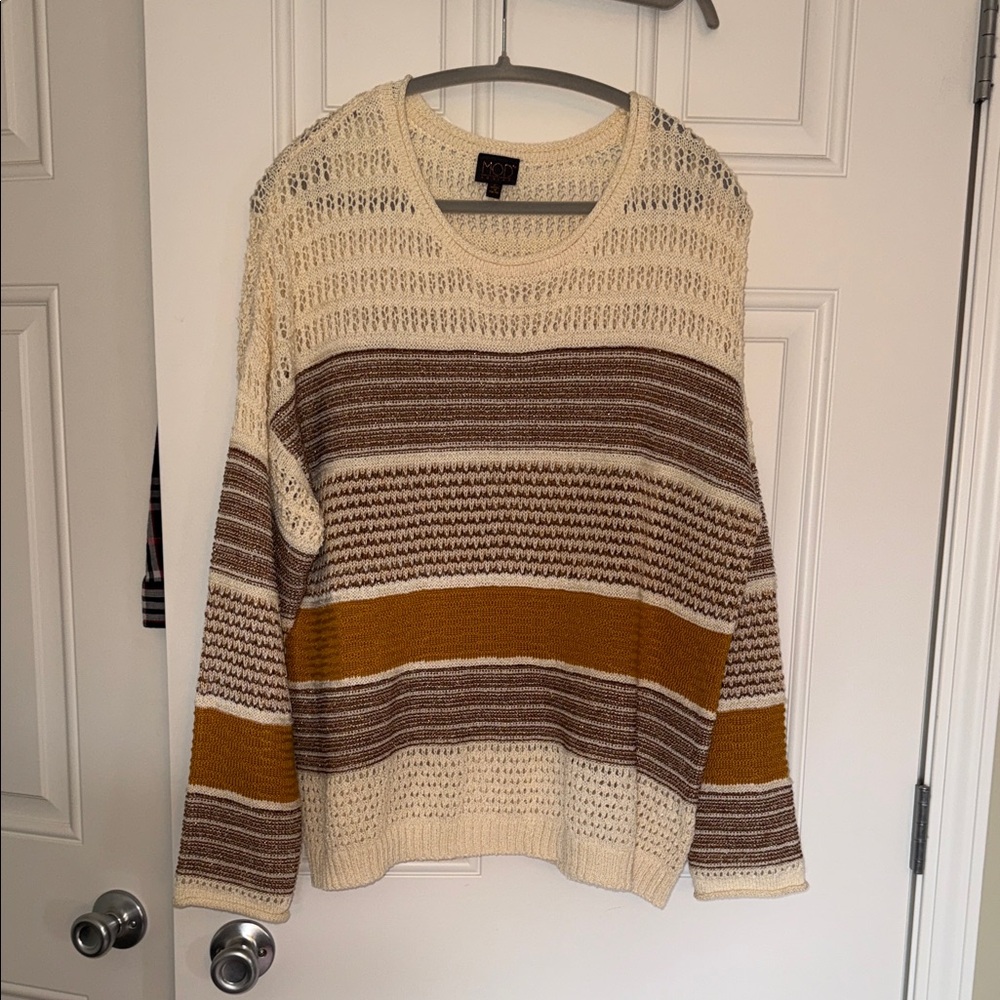 Mod Lusive Cream and Brown Striped Oversized Open Knit Sweater w/ Mustard Accent